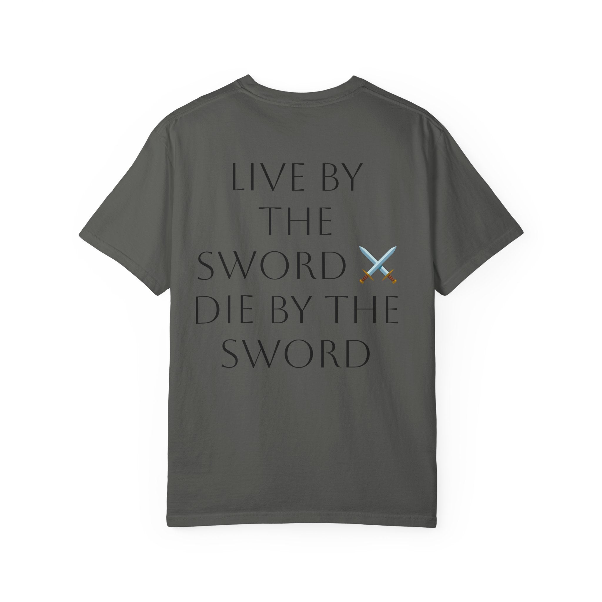 Knight Helmet & Crossed Swords T‑Shirt — “Live by the Sword, Die by the Sword” Medieval Graphic Tee