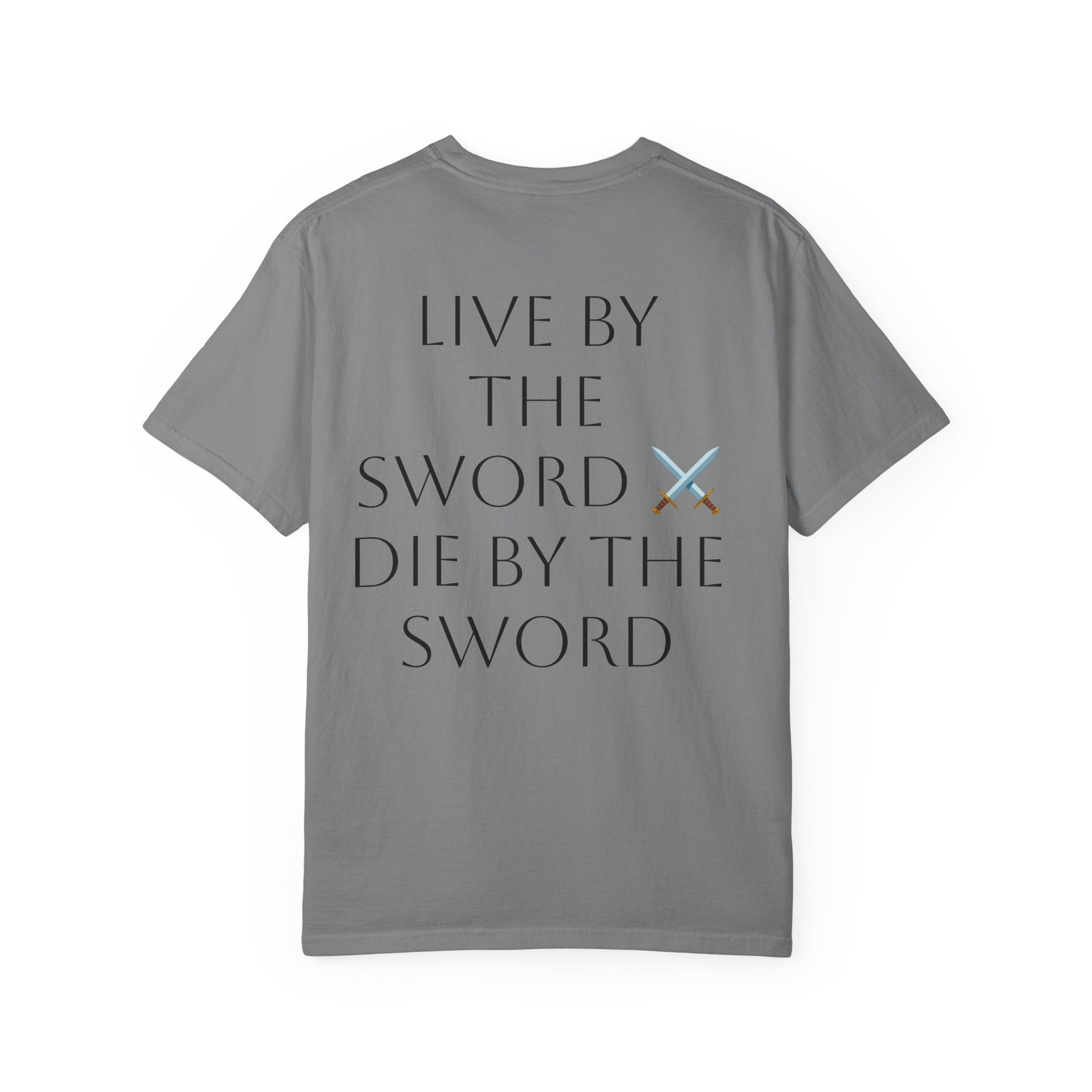 Knight Helmet & Crossed Swords T‑Shirt — “Live by the Sword, Die by the Sword” Medieval Graphic Tee