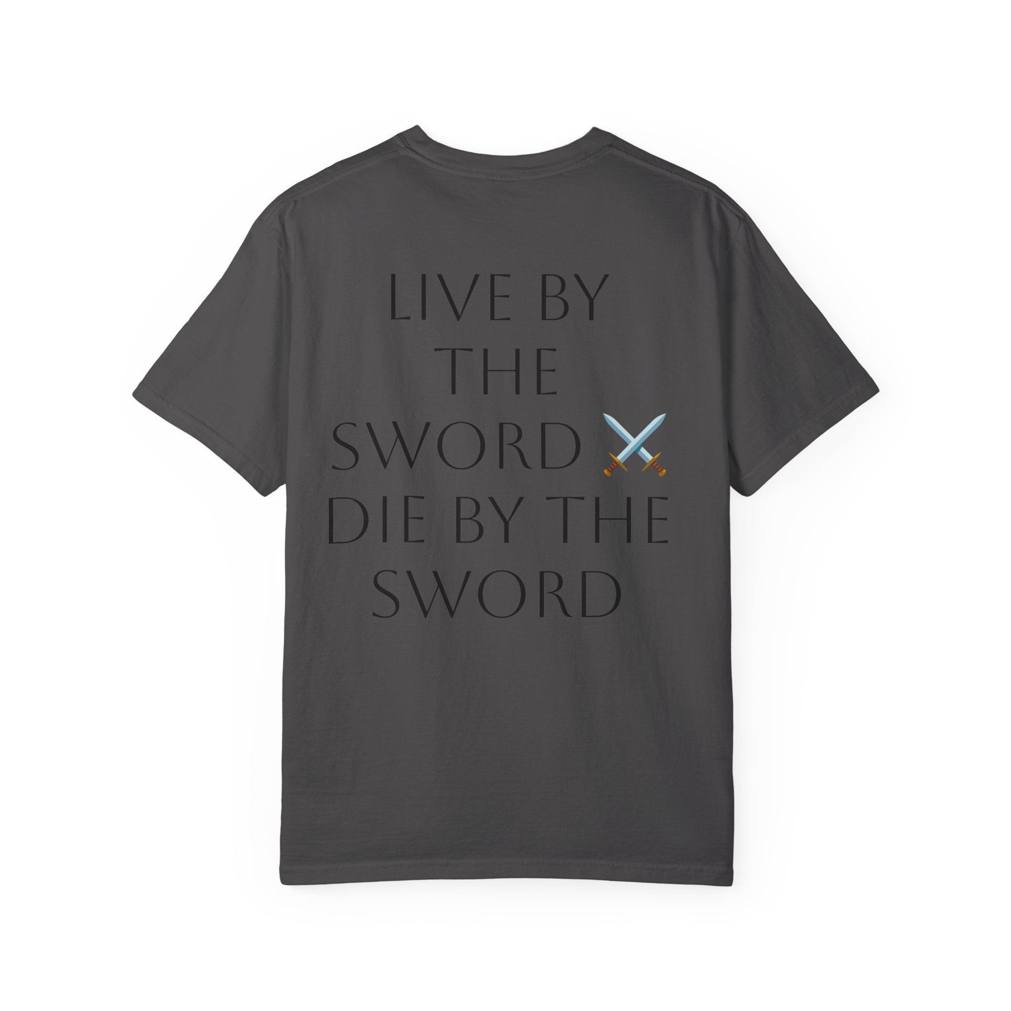 Knight Helmet & Crossed Swords T‑Shirt — “Live by the Sword, Die by the Sword” Medieval Graphic Tee