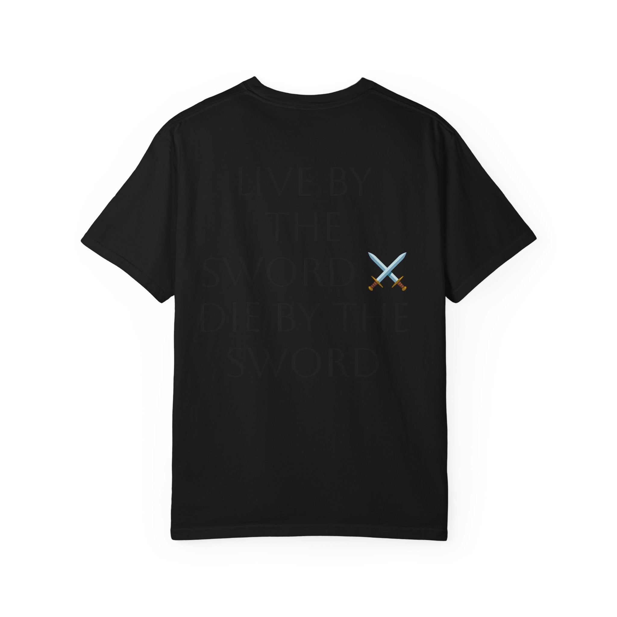 Knight Helmet & Crossed Swords T‑Shirt — “Live by the Sword, Die by the Sword” Medieval Graphic Tee