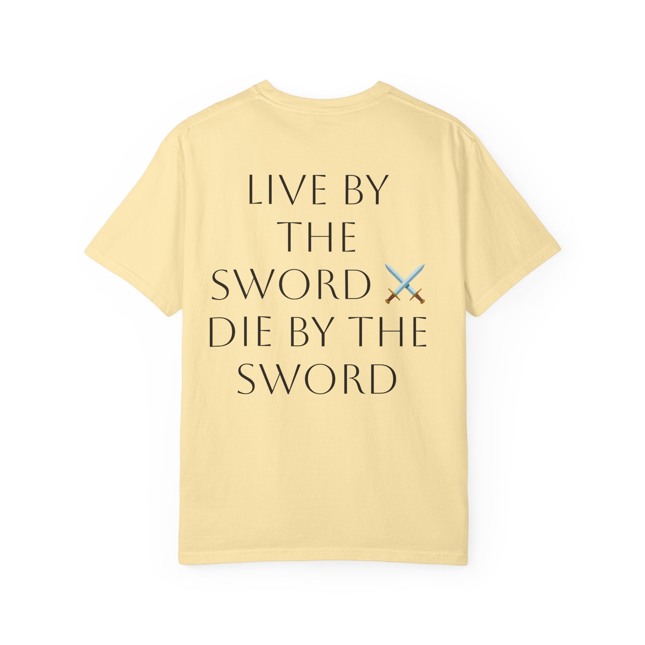 Knight Helmet & Crossed Swords T‑Shirt — “Live by the Sword, Die by the Sword” Medieval Graphic Tee
