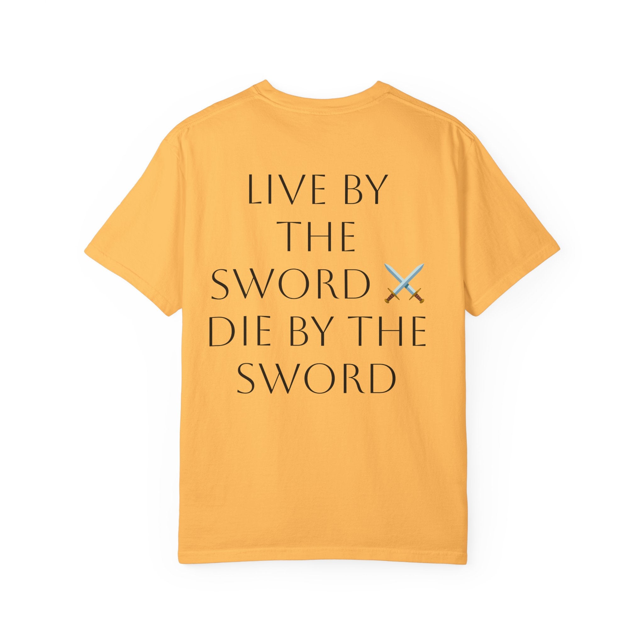 Knight Helmet & Crossed Swords T‑Shirt — “Live by the Sword, Die by the Sword” Medieval Graphic Tee