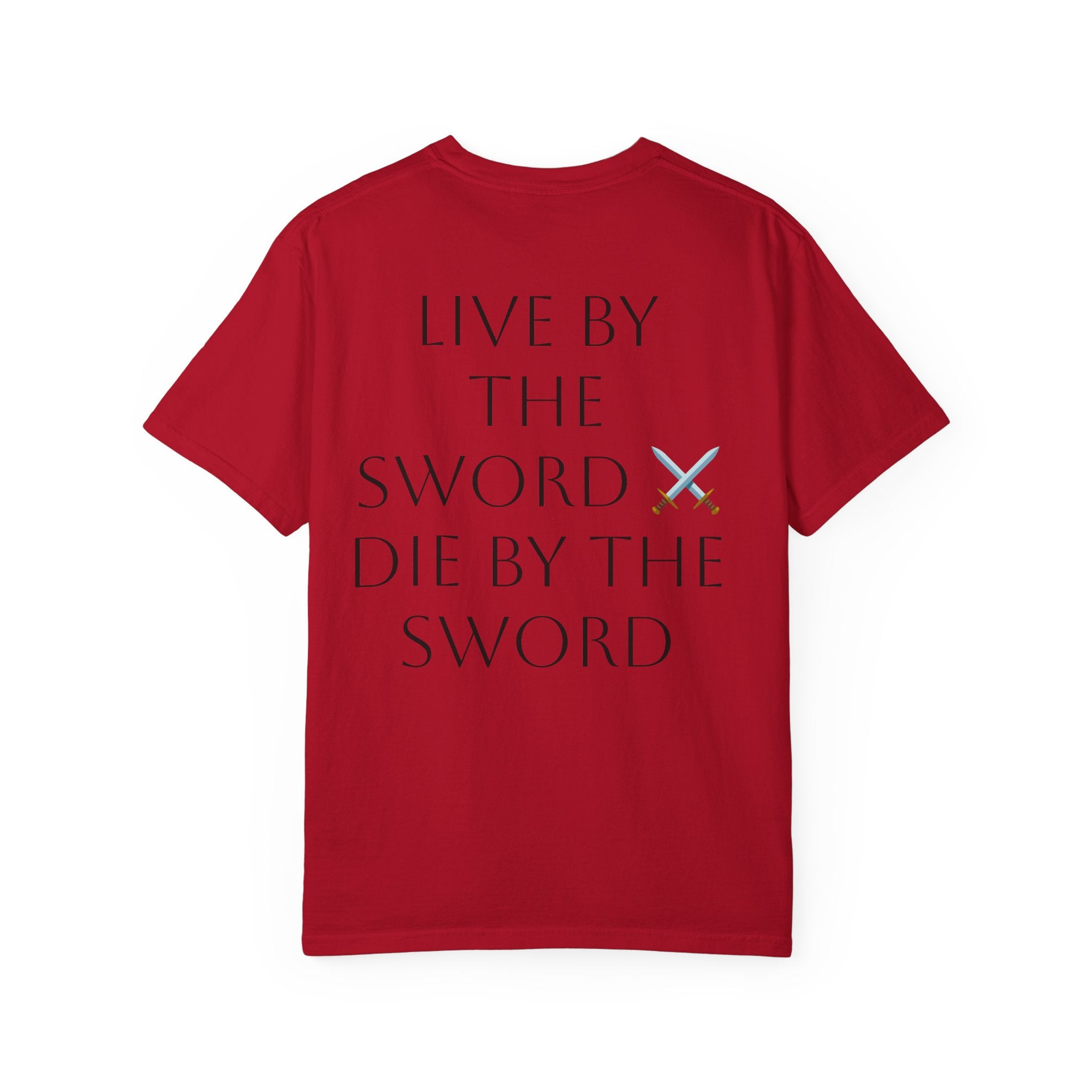Knight Helmet & Crossed Swords T‑Shirt — “Live by the Sword, Die by the Sword” Medieval Graphic Tee