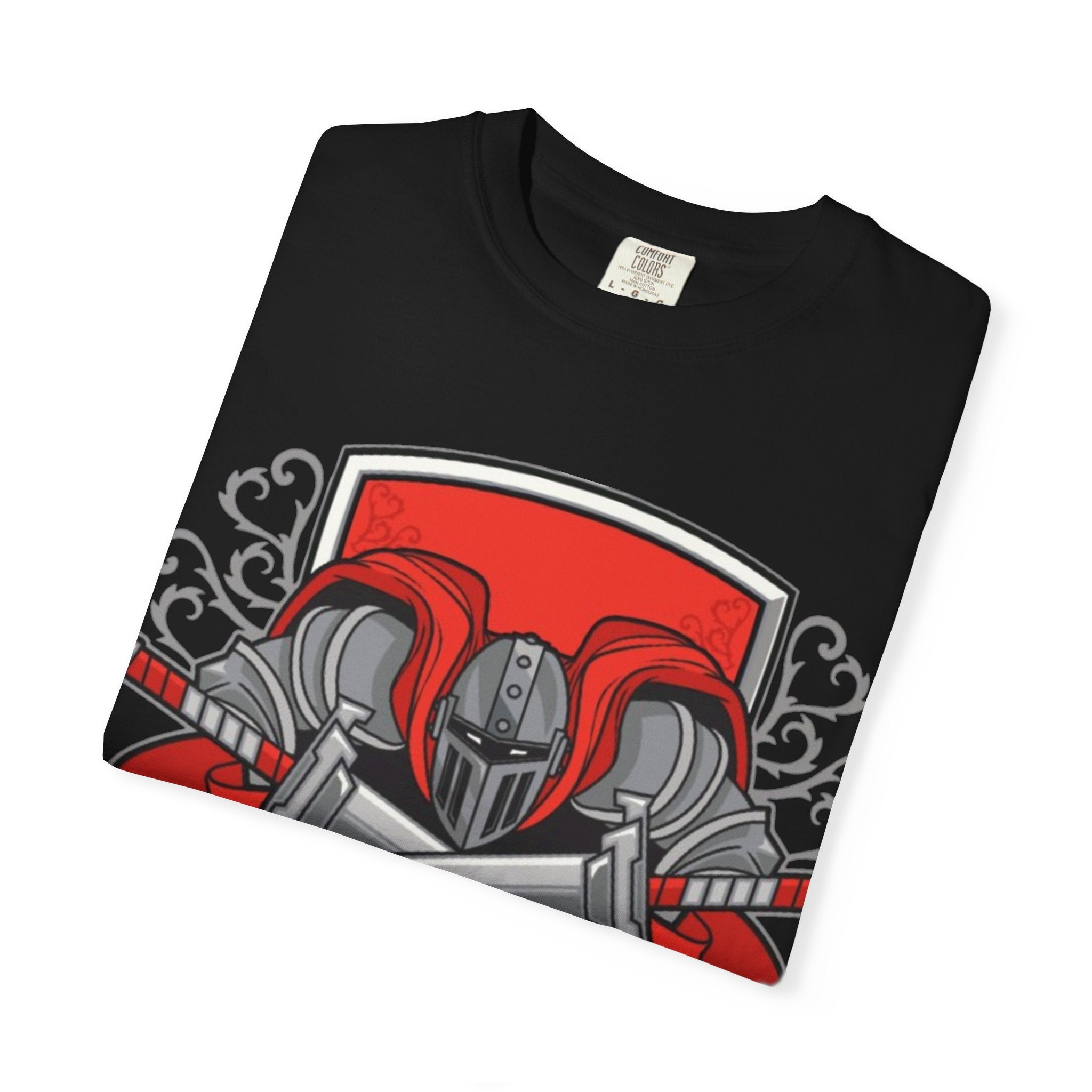 Knight Helmet & Crossed Swords T‑Shirt — “Live by the Sword, Die by the Sword” Medieval Graphic Tee
