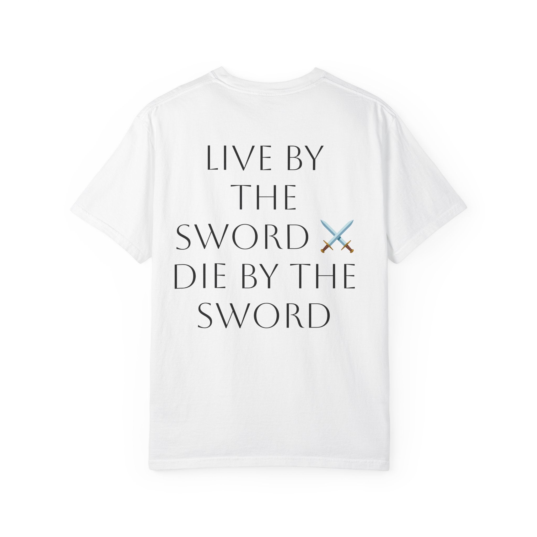 Knight Helmet & Crossed Swords T‑Shirt — “Live by the Sword, Die by the Sword” Medieval Graphic Tee