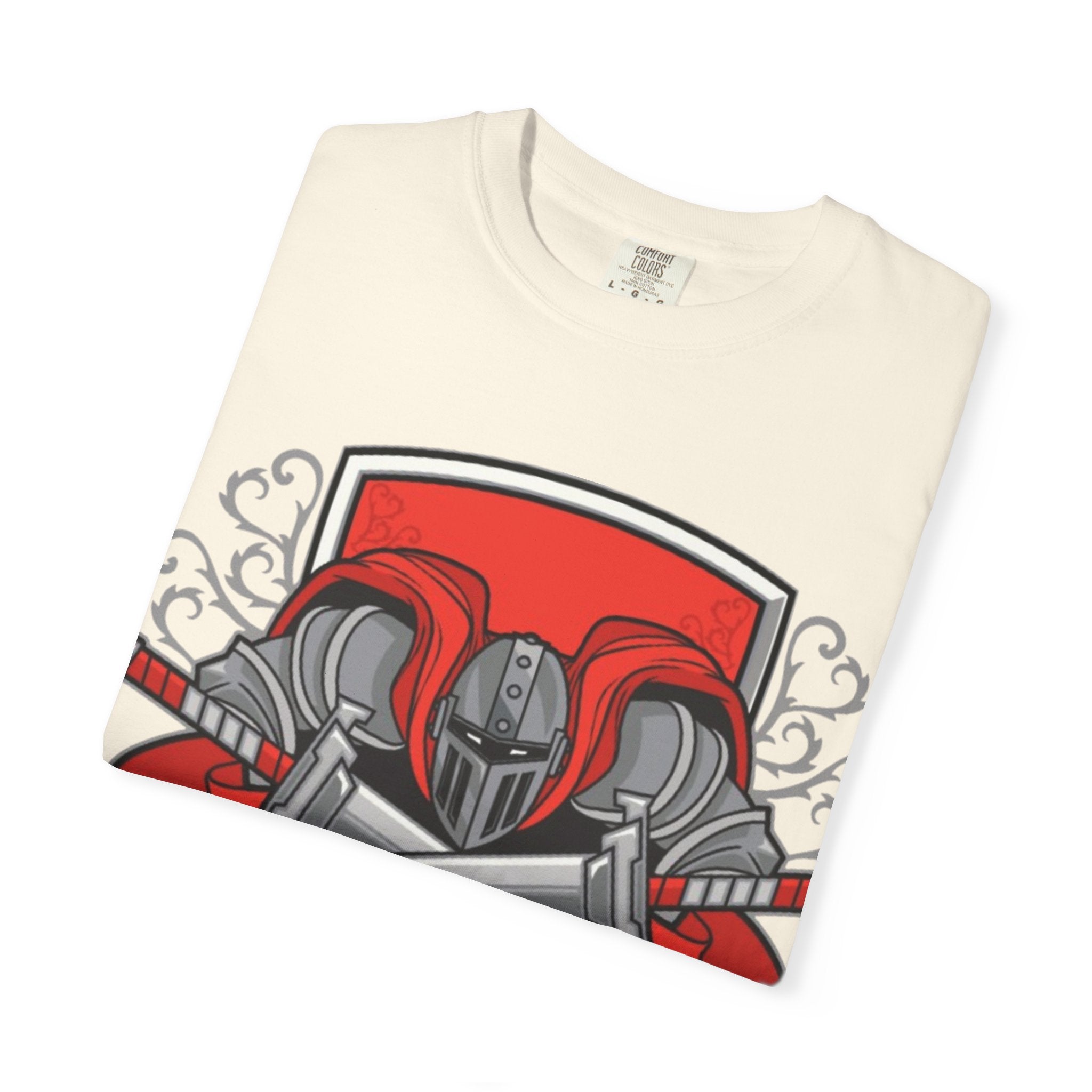 Knight Helmet & Crossed Swords T‑Shirt — “Live by the Sword, Die by the Sword” Medieval Graphic Tee