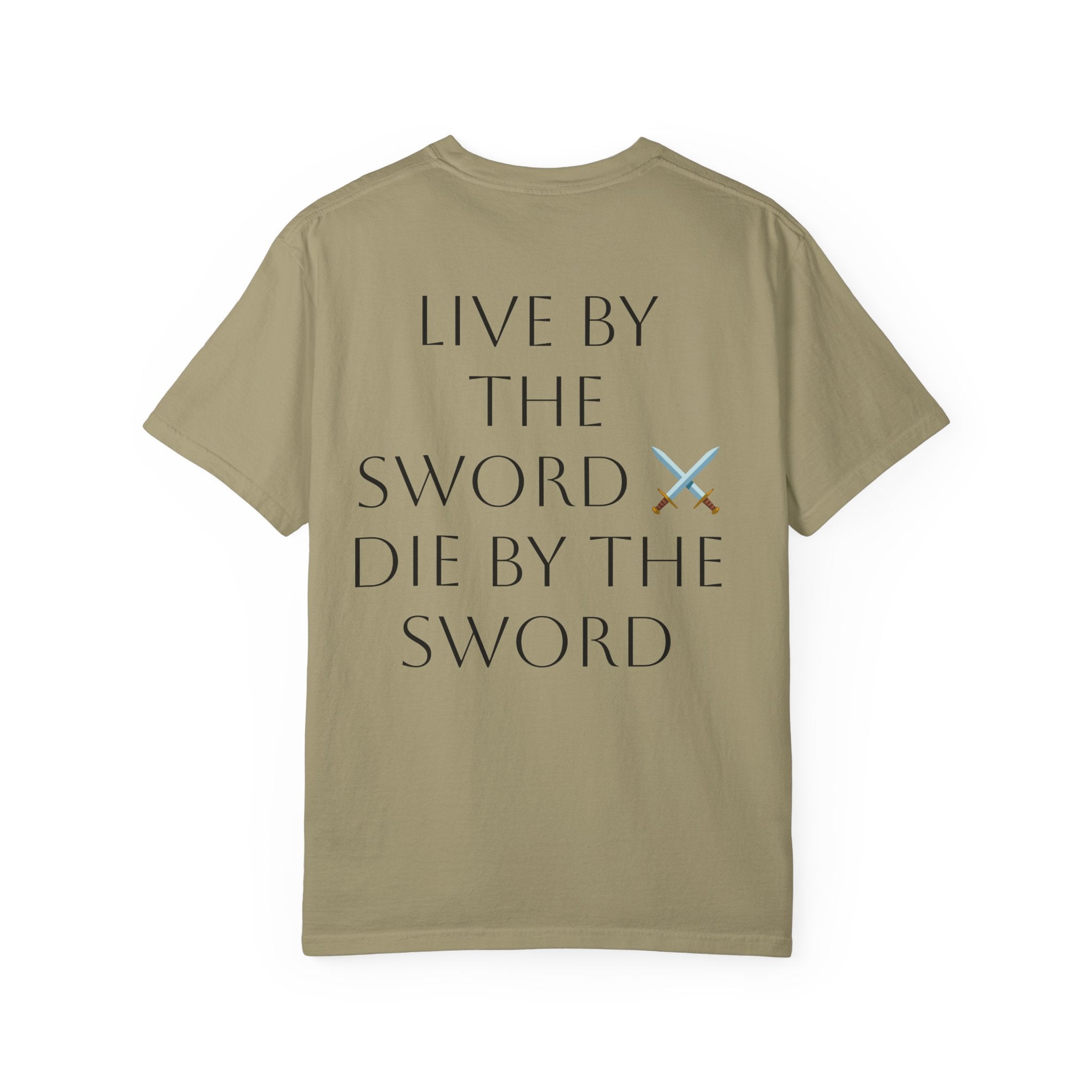 Knight Helmet & Crossed Swords T‑Shirt — “Live by the Sword, Die by the Sword” Medieval Graphic Tee