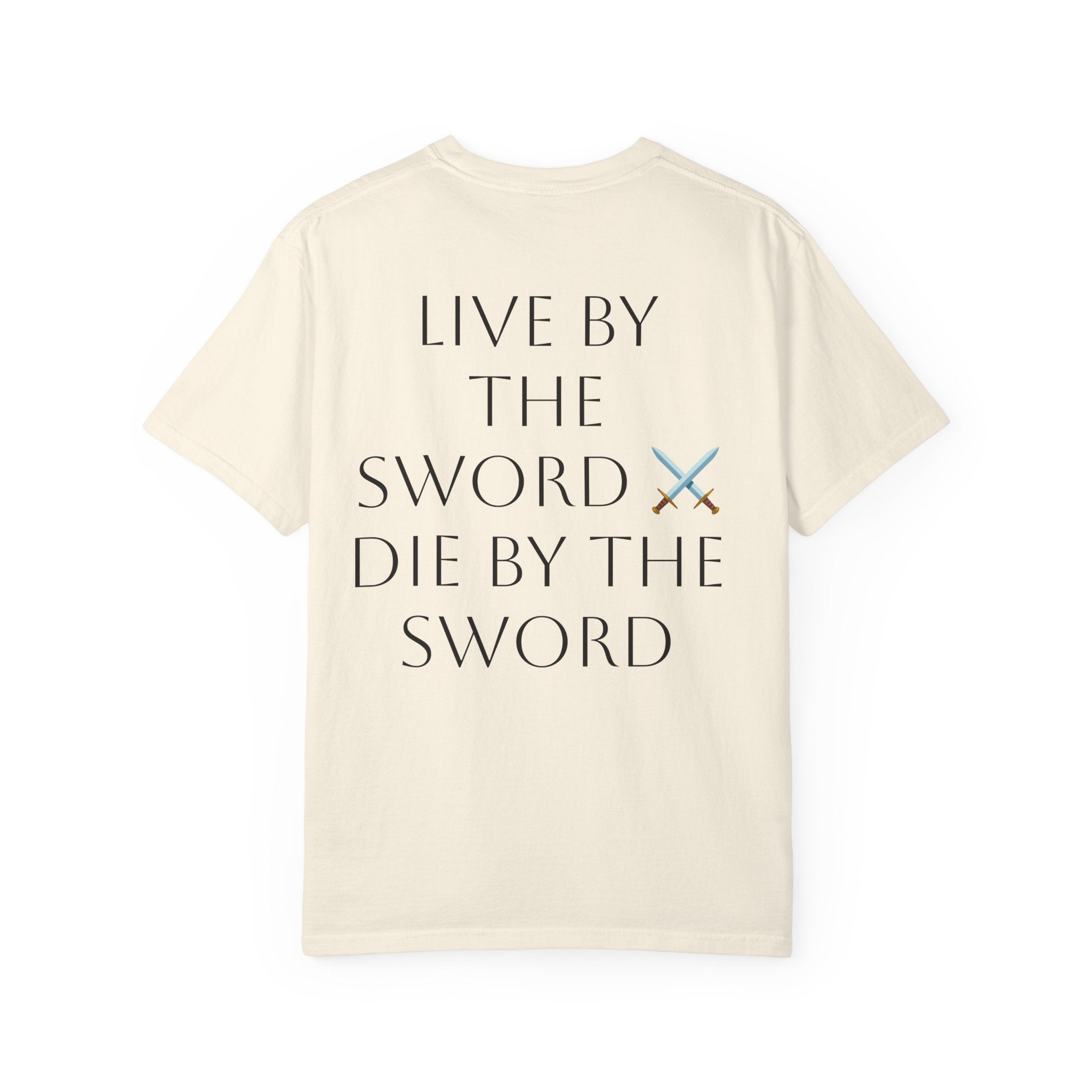 Knight Helmet & Crossed Swords T‑Shirt — “Live by the Sword, Die by the Sword” Medieval Graphic Tee