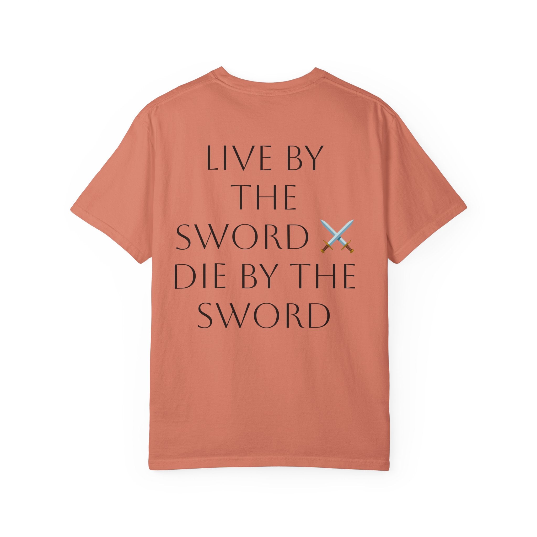 Knight Helmet & Crossed Swords T‑Shirt — “Live by the Sword, Die by the Sword” Medieval Graphic Tee