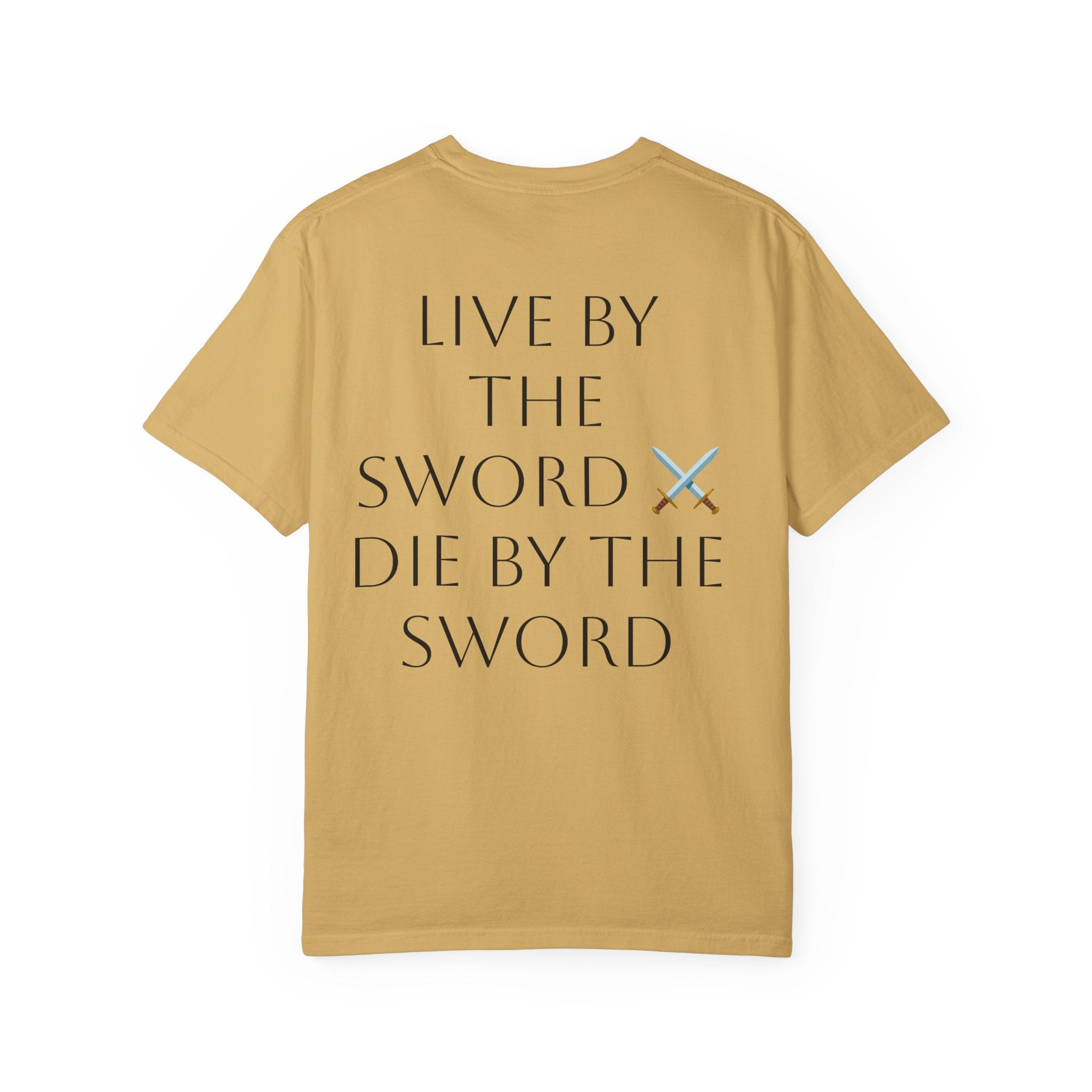 Knight Helmet & Crossed Swords T‑Shirt — “Live by the Sword, Die by the Sword” Medieval Graphic Tee